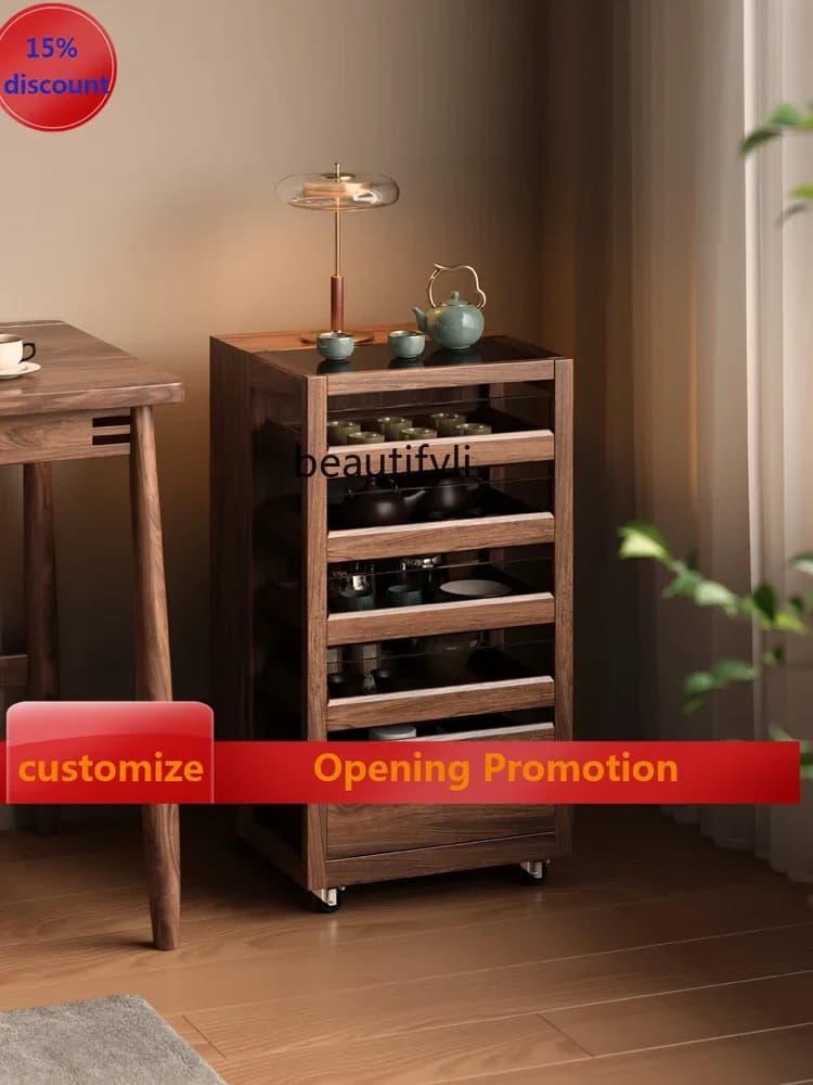 ss8350 Solid wood tea set display cabinet Movable side cabinet Black walnut tea table Tea cabinet