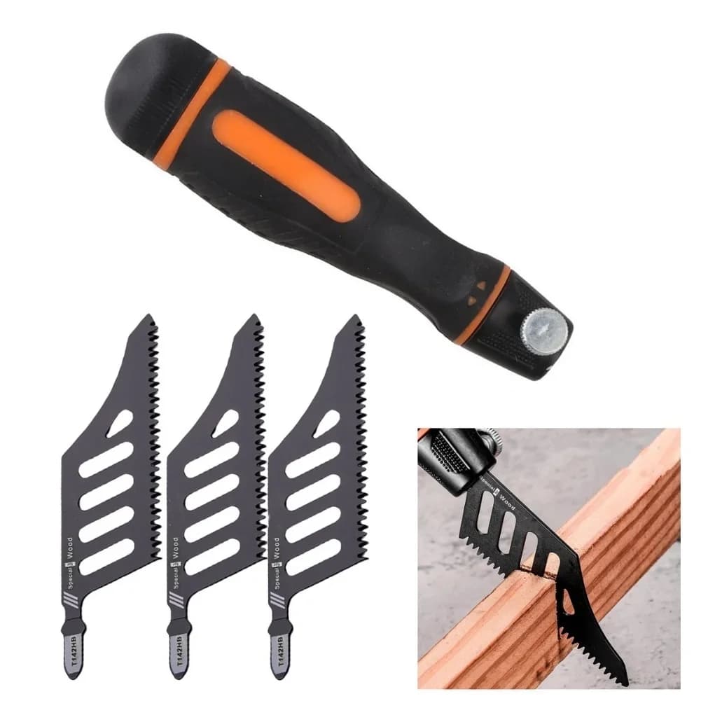 Reciprocating Saw Blade Handle and 3 Curved Jigsaw Blades T142HB Carbon Steel for Flush Cutting Furniture Modification