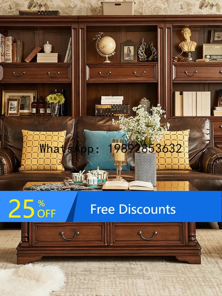 American-style New Classical Teak Solid Wood Long Coffee Table Living Room Furniture with Drawers