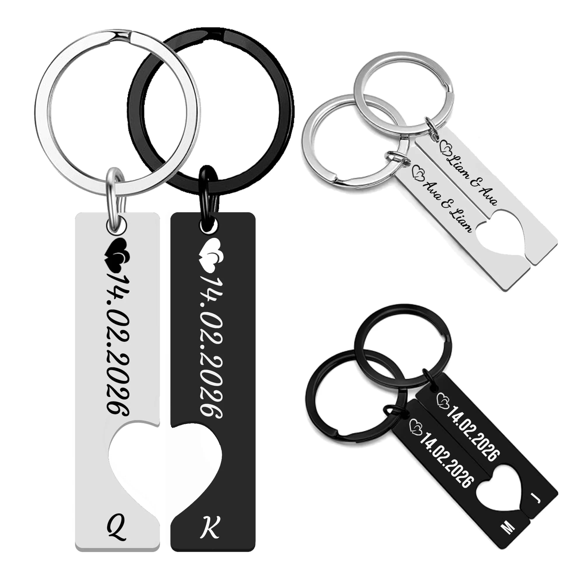 Personalized Heart Keychain Set Engraved Couple Matching Keyring Custom Name Date Valentine Gift For Boyfriend Girlfriend Lover