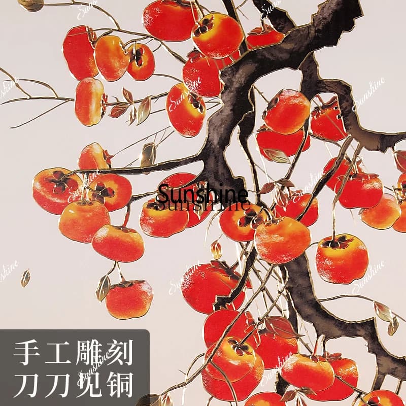 Hand-carved, bronze carving painting "Wan Persimmon Ruyi" living room Chinese dining room decorative paintingX