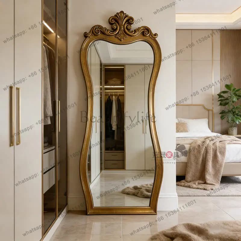 European retro carved full body floor mirror special-shaped villa luxury full-length mirror