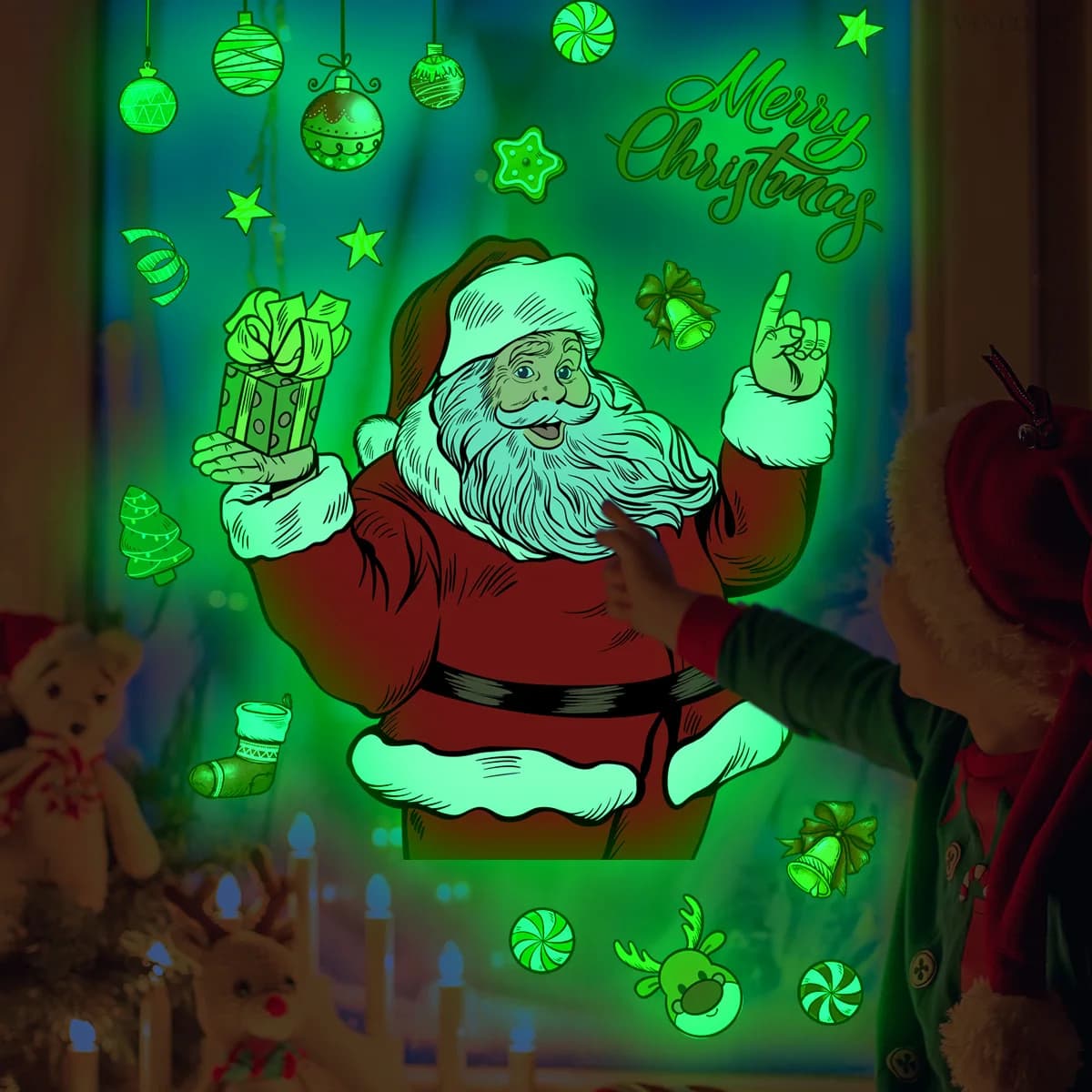 Glow-in-the-Dark Green Christmas Wall Decals - Santa, Stars & Balloons Creative Holiday Decor