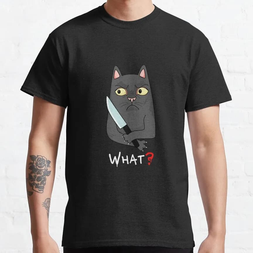 Cat What Murderous Black Cat With Knife Gift t shirt for Cat lover 100% cotton tee Short sleeve Graphic clothes All size tops