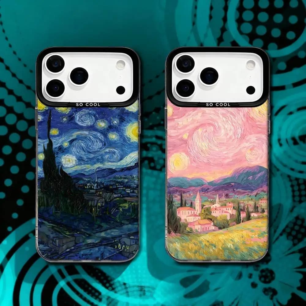 Vintage Van Gogh Pattern Phone Case For iPhone 17,16,15,14,13,12,X,8,Pro,Max,Plus,SE4,Air,Mini HD Black IMD Matte