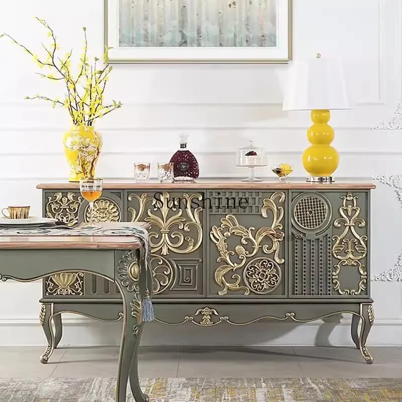 French retro solid wood dining side cabinet carved hand-painted decorative cabinet customization