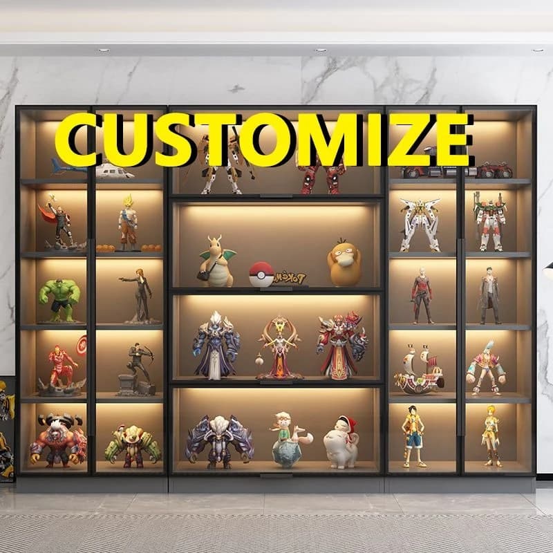 Any Size Custom Tempered Glass Display Cabinet LED Light Large Capacity Layered Storage Aluminum Frame Collectible Figurine Home