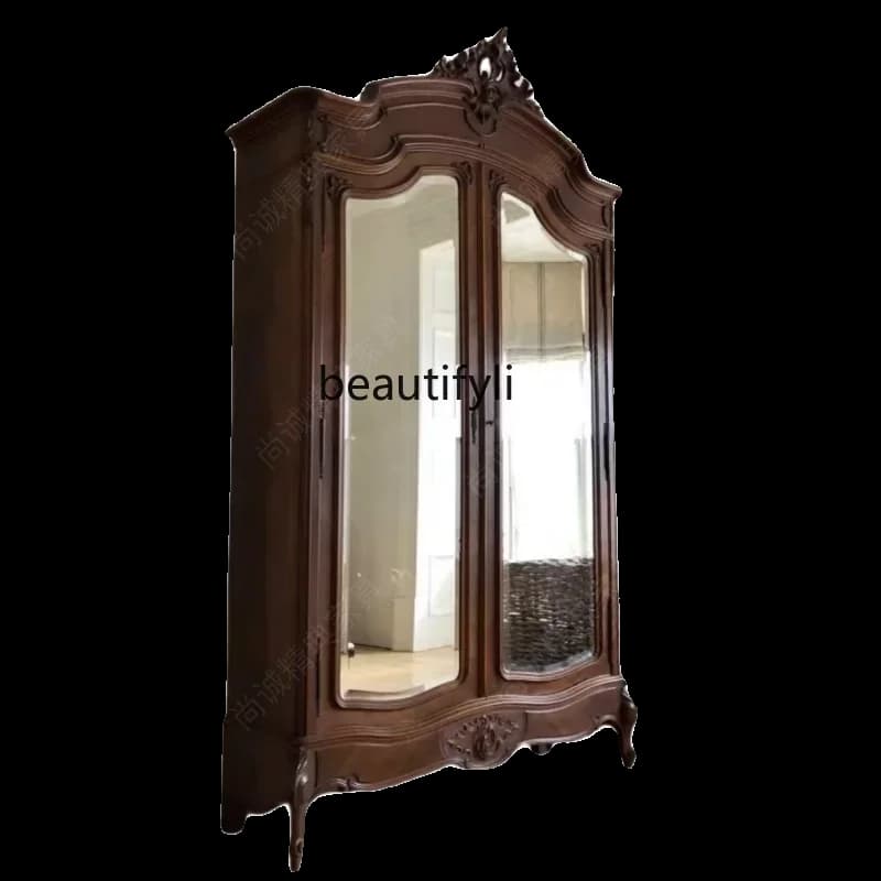 cc182Modern simple double-door wardrobe antique and old door wardrobe American carved solid wood wardrobe R