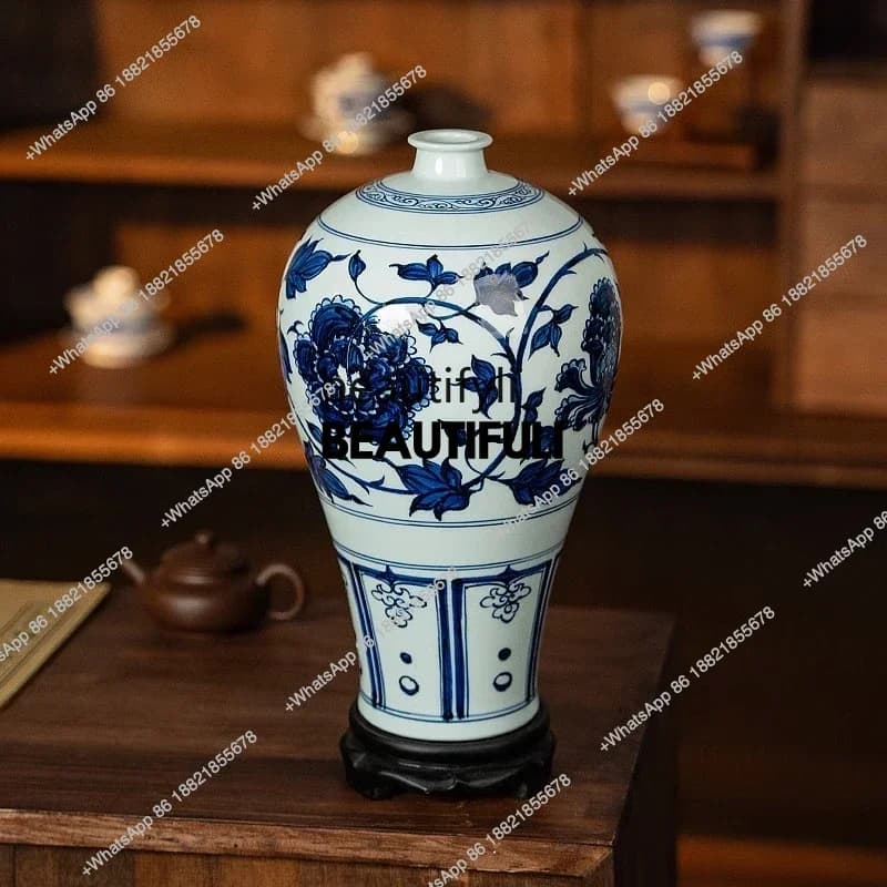 ss8350 Chinese vase, blue and white porcelain plum vase, pure hand-painted retro ceramic vase, porch home living room ornament