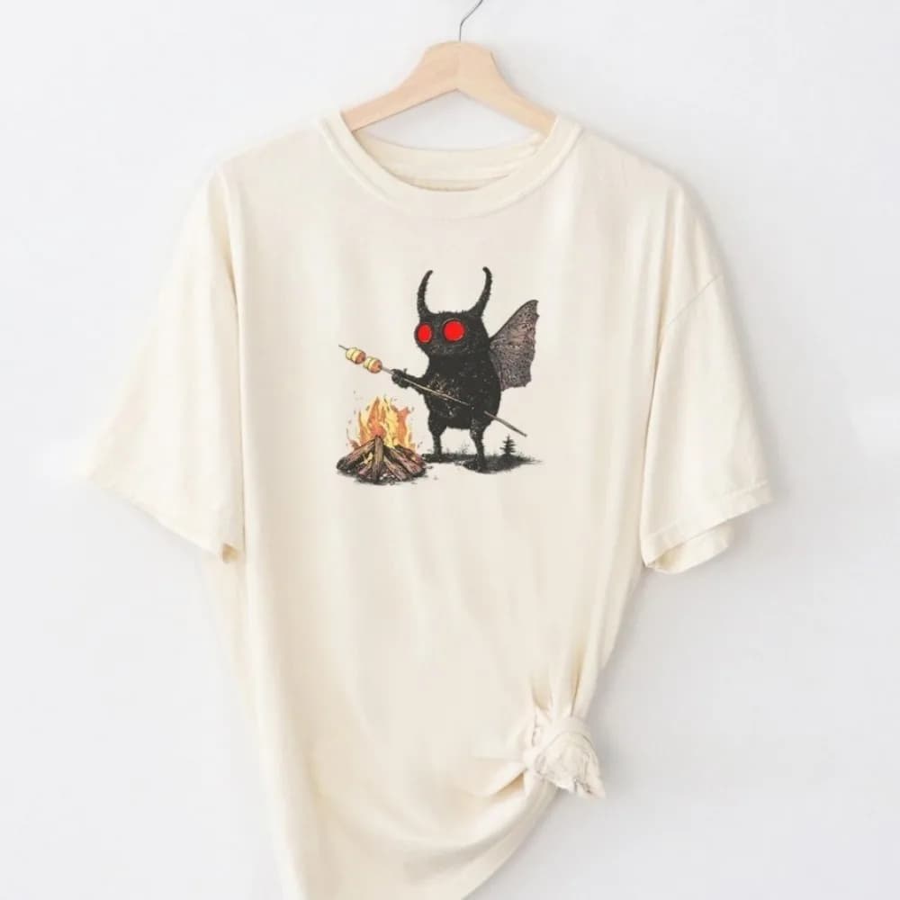 Mothman Roasting S'mores T-shirt  Weirdcore Meme Tee Shirts Tees Weirdcore Meme Unfunny Unhinged Funny Retro Gen Z Weird