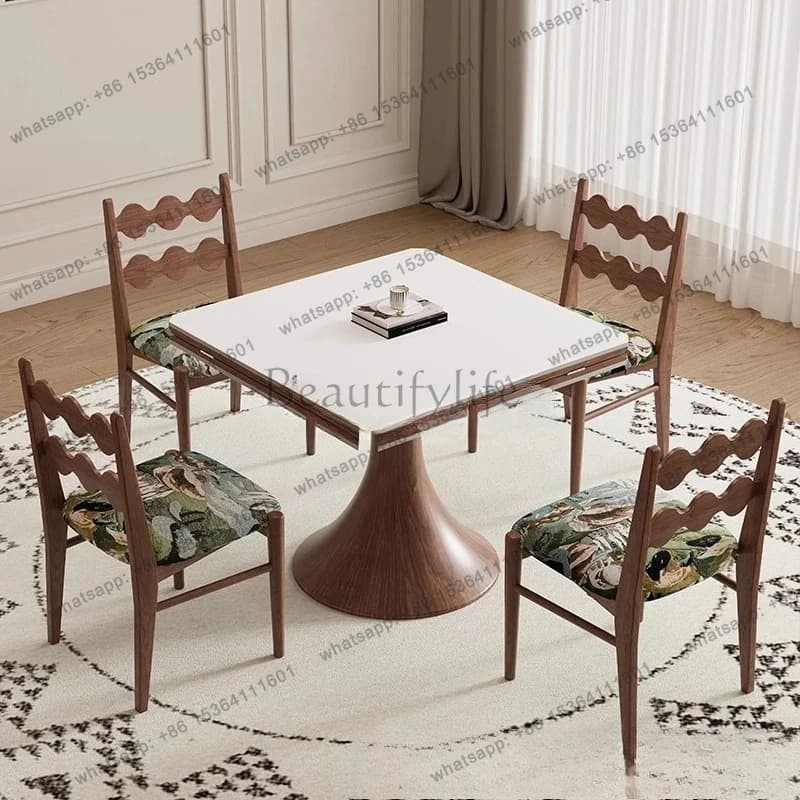 medieval folding dining table rock slab solid wood table retro household square and round dual-purpose variable round table