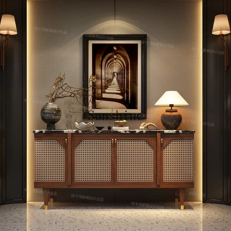 French retro solid wood entrance villa dining side cabinet wabi sandy wind rattan storage       FT
