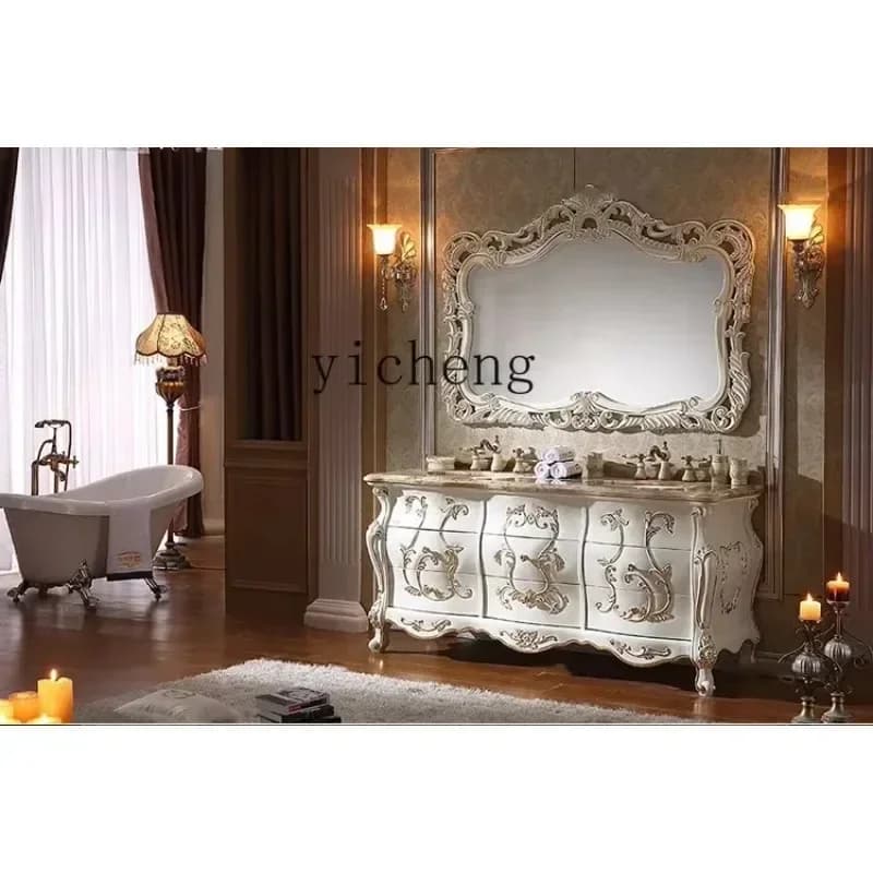 S-17     Bathroom Cabinet Solid Wood Washstand Marble Bathroom Cabinet Bathroom Floor Double Basin Hand Washbasin