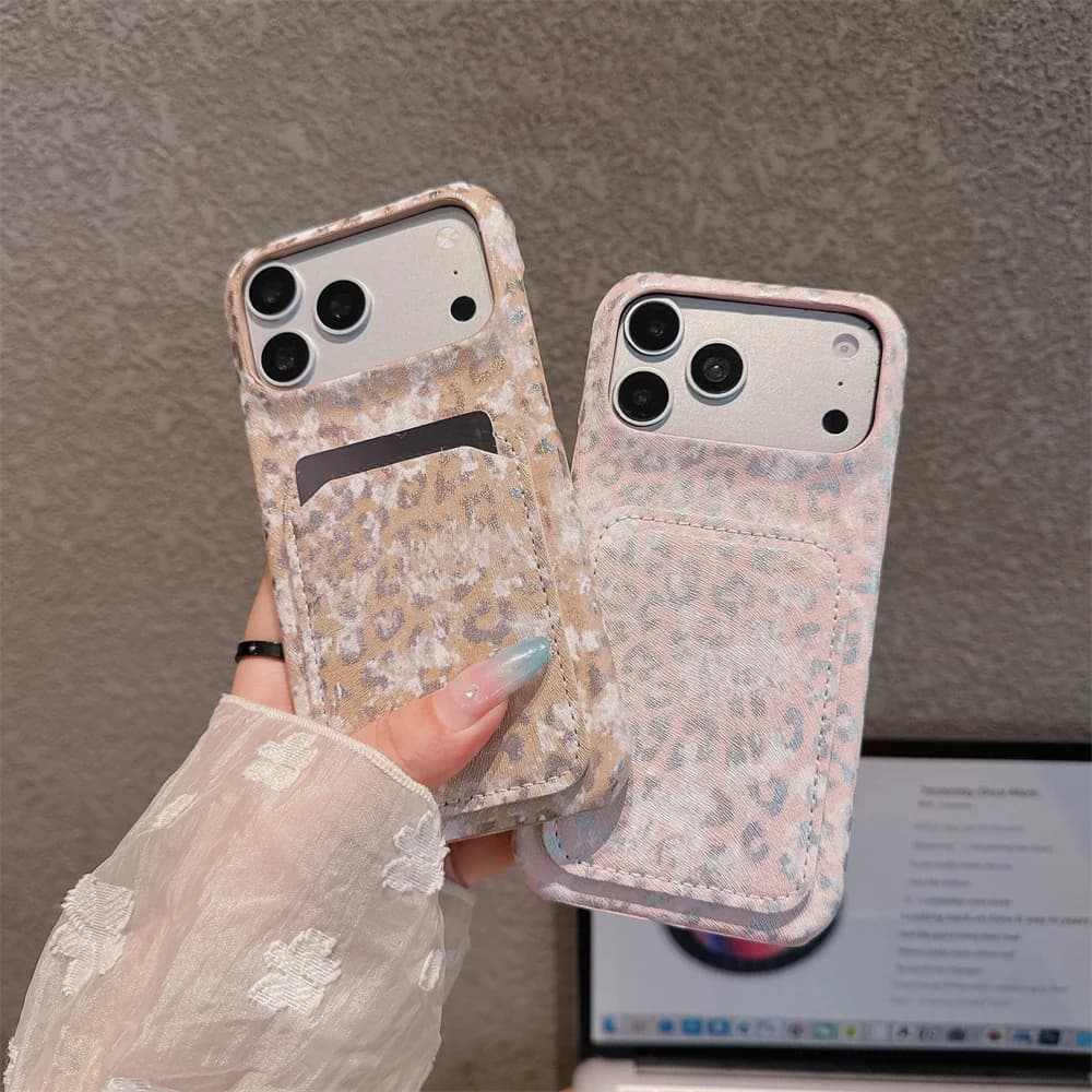 Y2K Luxury Glimmer Leopard Print Phone Case for iPhone 18 17 Pro Max 16 15 14 13 Cool Card Holder Anti Scratch Protection Cover