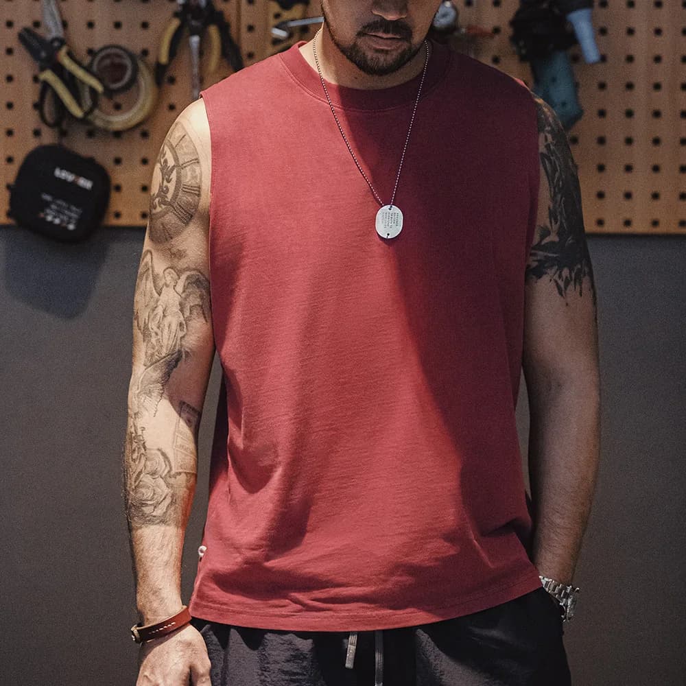 Maden Retro Aged Men's Summer Tank Tops Cotton Breathable Sports Fitness Vest Solid Color Sleeveless T-shirt for Base Layers