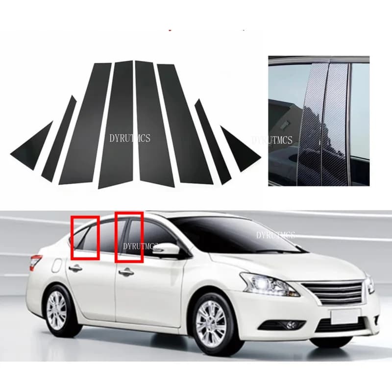 8Pcs Gloss Black Pillar Post Fit for Nissan Sentra 2013 2014 2015 2016 2017 2018 Door Side Trim Window Cover Silver Carbon