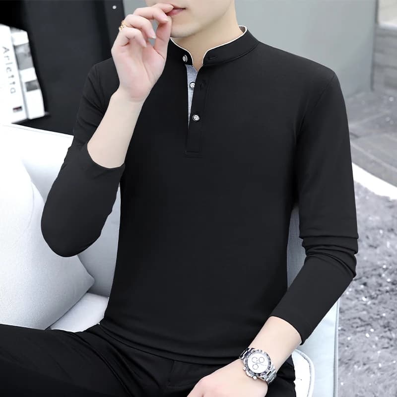 2026 Autumn Men's Fashion Casual Base Long-Sleeved T-Shirt with Small Collar