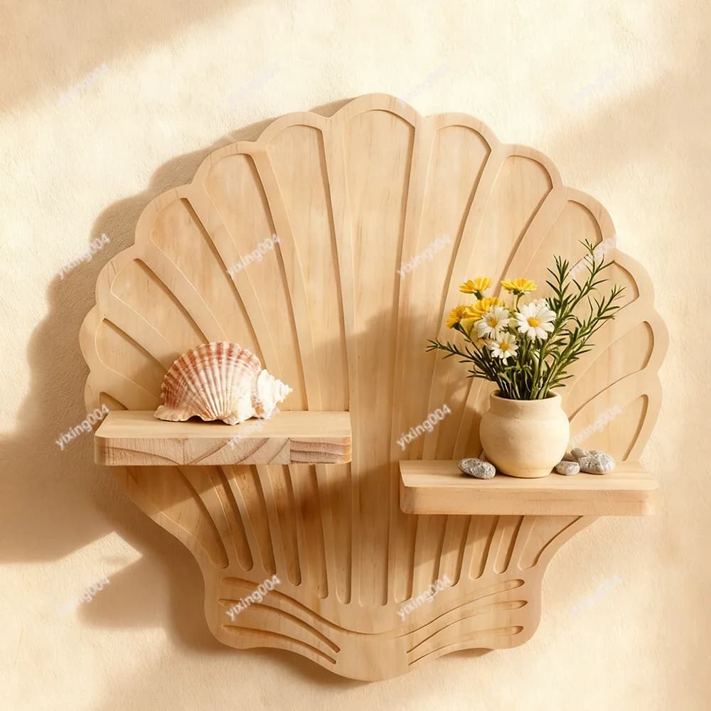 Bohemian Shell Shaped Pine Wood Wall Planter, Wooden Shelf Craft for Home Wall Decor