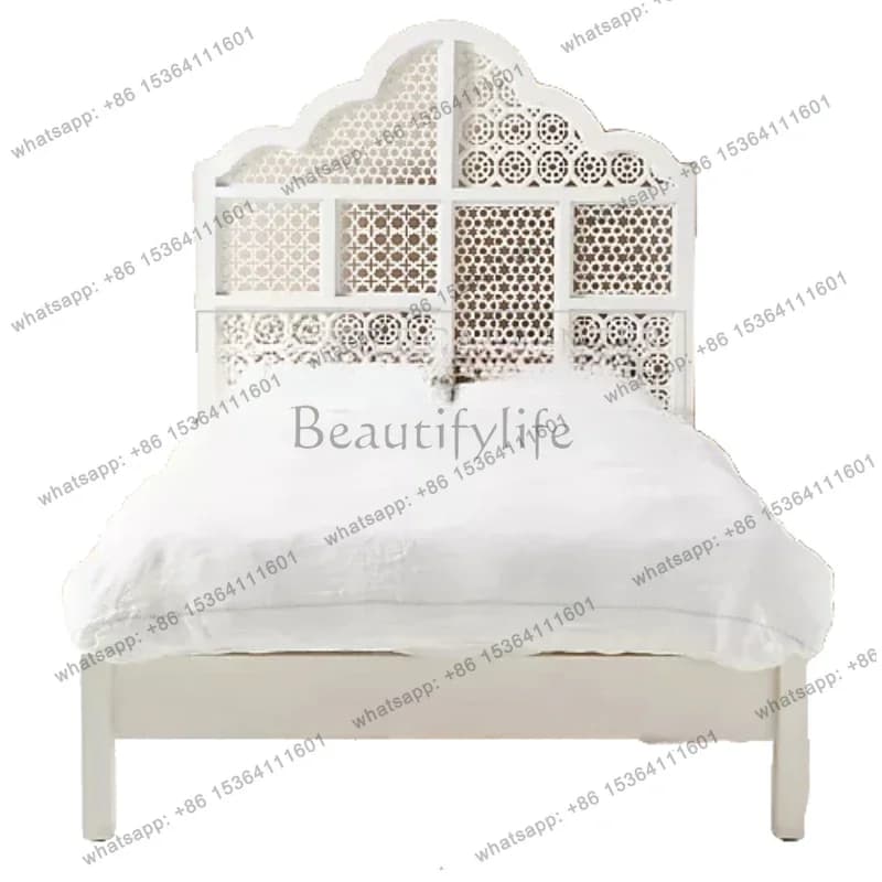 D33White Vintage Bed Minimalist Solid Wood Master Bedroom Luxury Quality Bed European Fashionable Confortable Cama Casal Furnitu