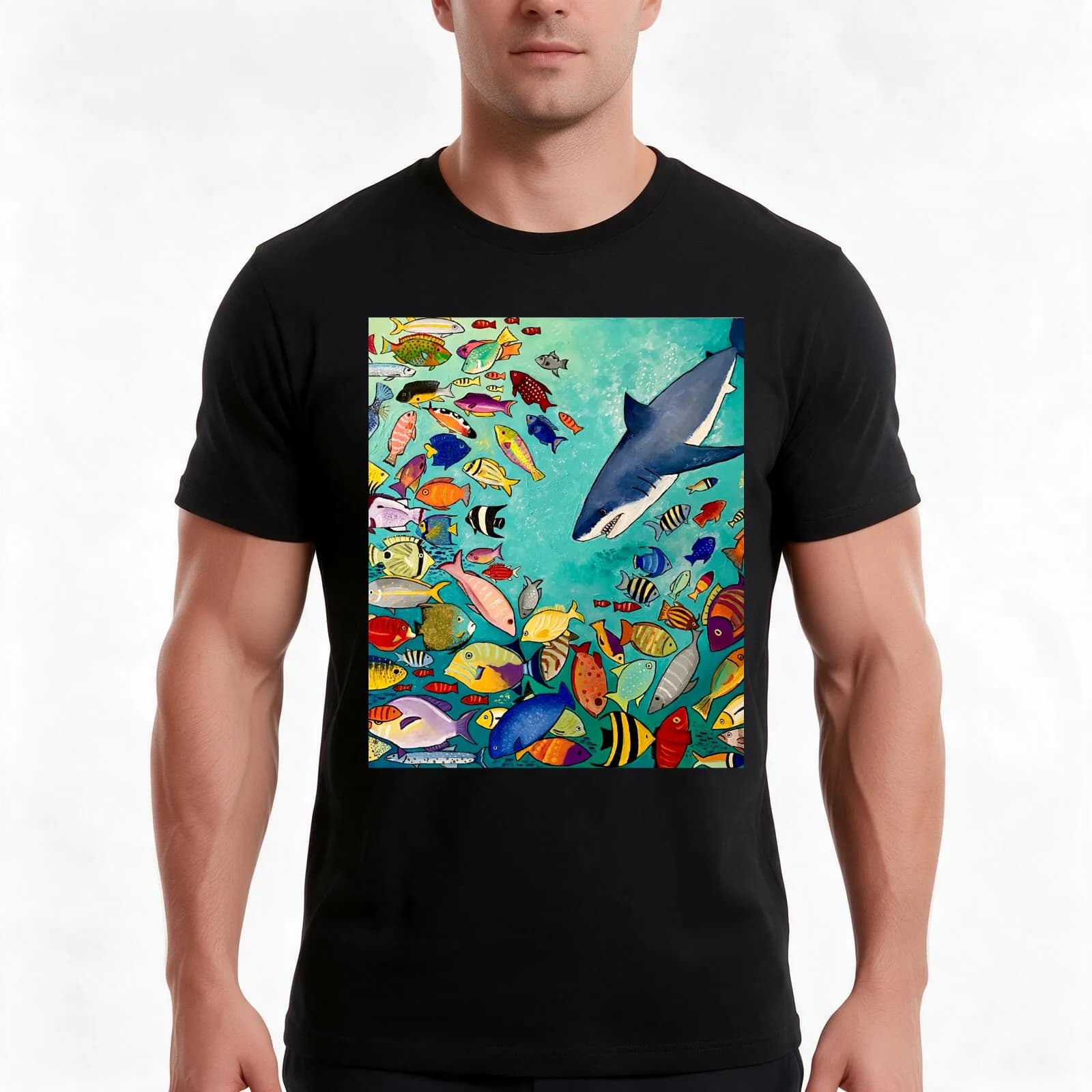 Shark and fishes T-Shirt, Summer Casual Cotton Tee, Oversized Streetwear Tops, Vintage Graphic Print, Loose Fit Short Sleeve