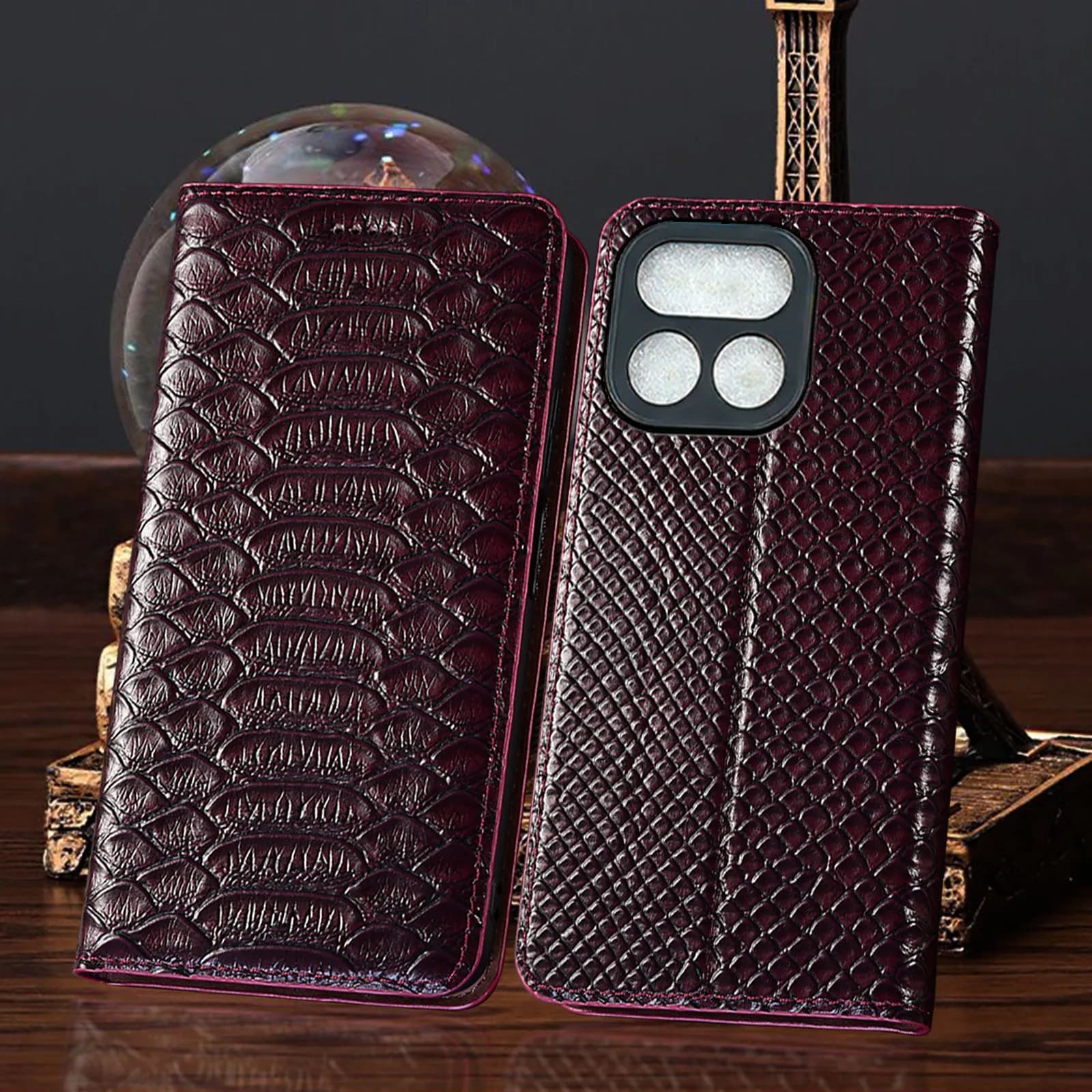 For Realme 11 12 13 14 14T 15 16 Pro Plus 4G 5G Python Pattern Of Genuine Leather Flip Phone Case Cowhide Scratch-Resistant