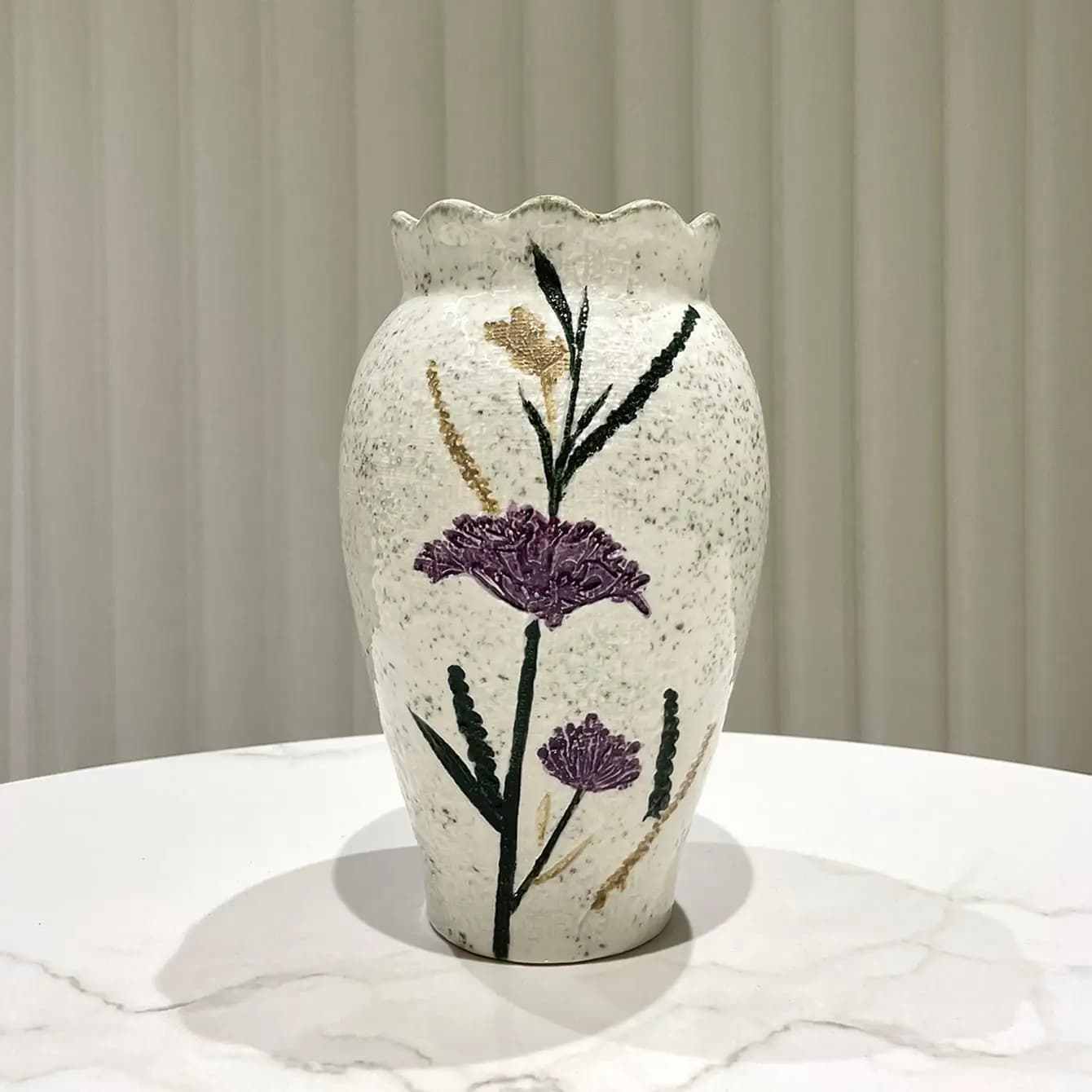 Premium Minimalist Textured Cylindrical Ceramic Vase - Purple Vintage Autumn Grass Pattern, Ideal for Flower Arranging