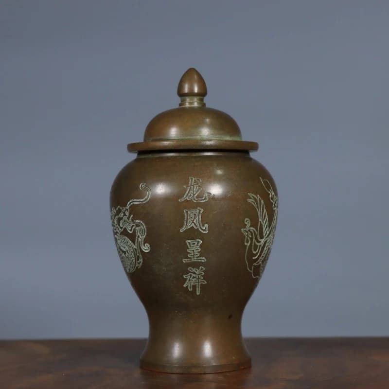 Pure dragon and phoenix auspicious general , antique brass canister, embossed copper , home decoration tea jar