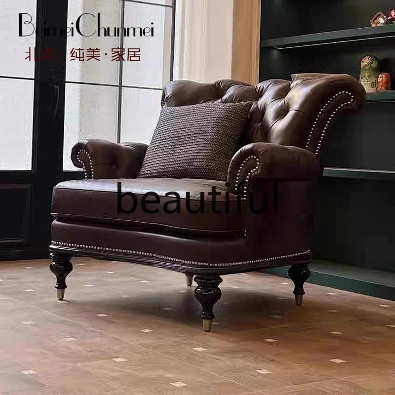American first layer oil wax leather single sofa chair villa furniture casual leather sofa tiger chair