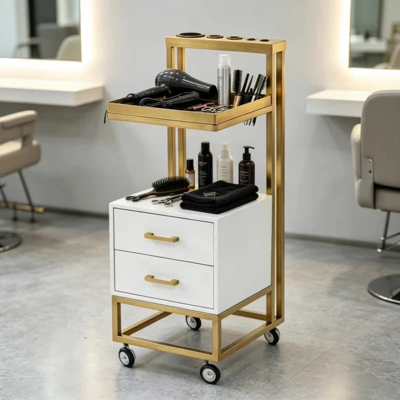 High quality salon beauty trolley, white MDF and gold metal style furniture trolley, barbershop trolley