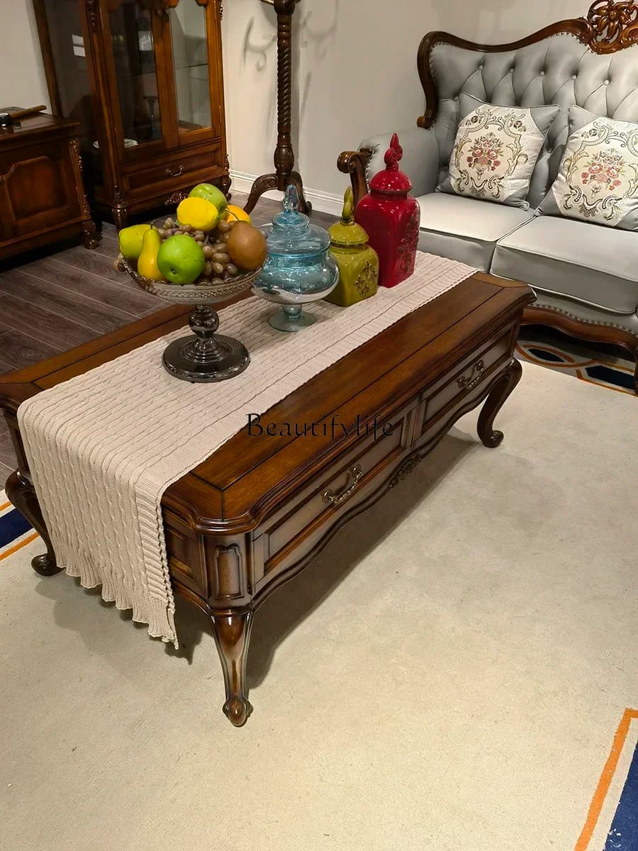D06American full solid wood carving flower coffee table living room walnut with drawers storage tea table