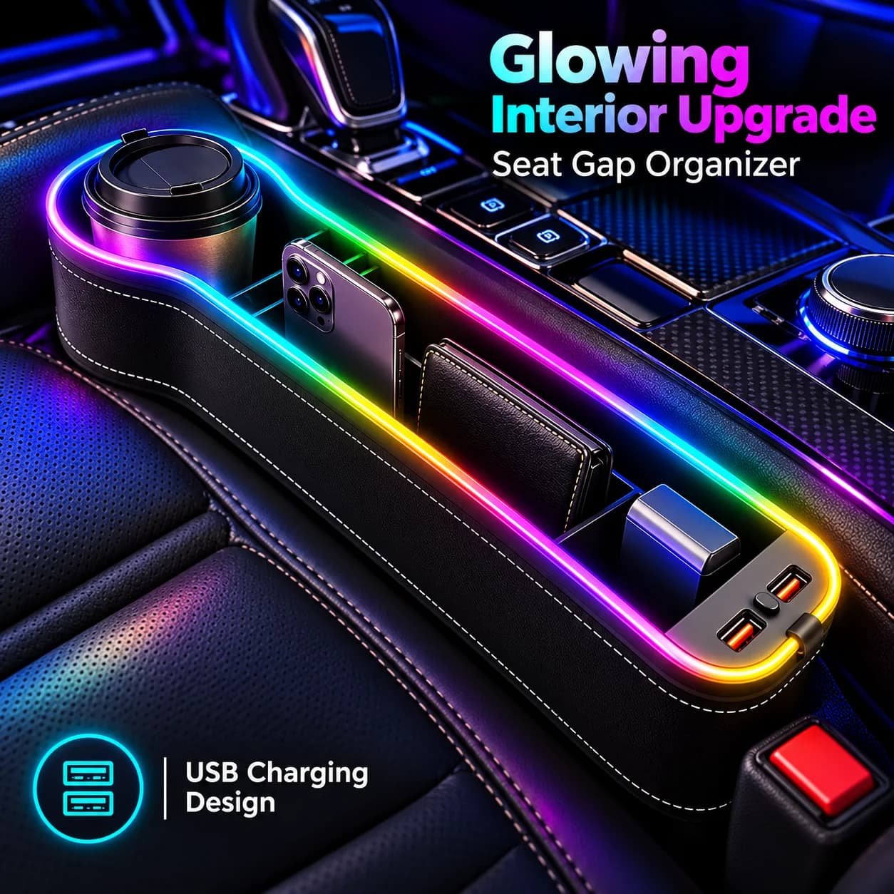 Car Seat Gap Filler Organizer with 7-Color LED Cup Holder Dual USB Charger Crevice Storage Box Interior Accessory for Vehicles