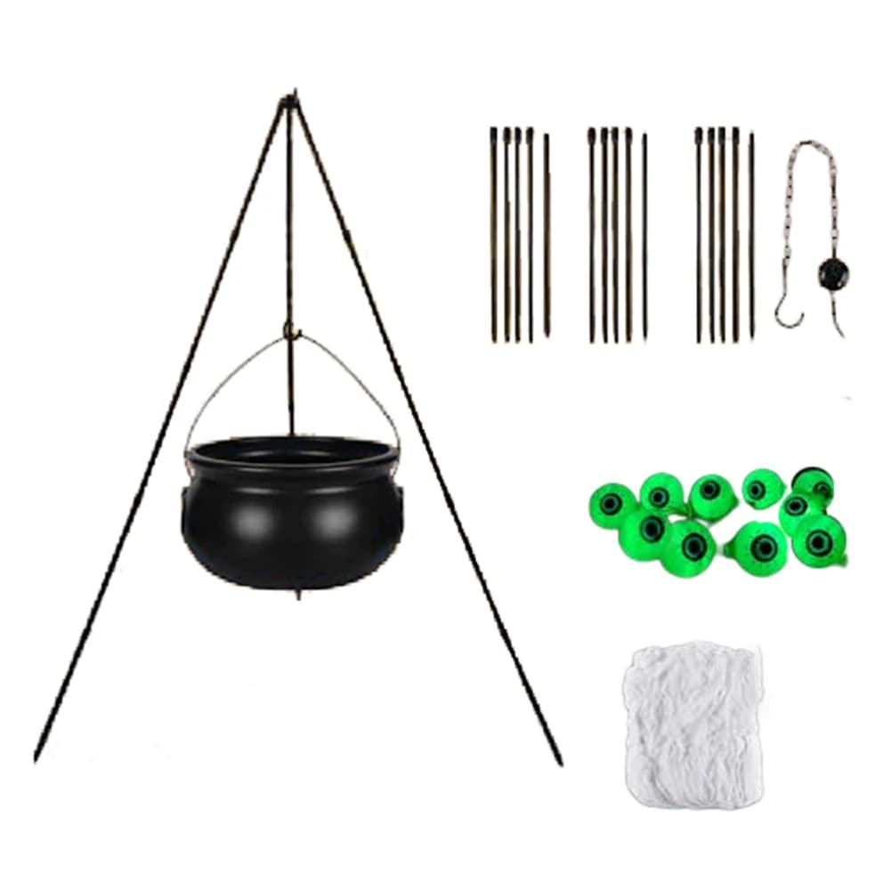Halloween Witch's Cauldron with Illuminated Green Eyeballs and Tripod Stand for Outdoor Lawn and Garden Displays