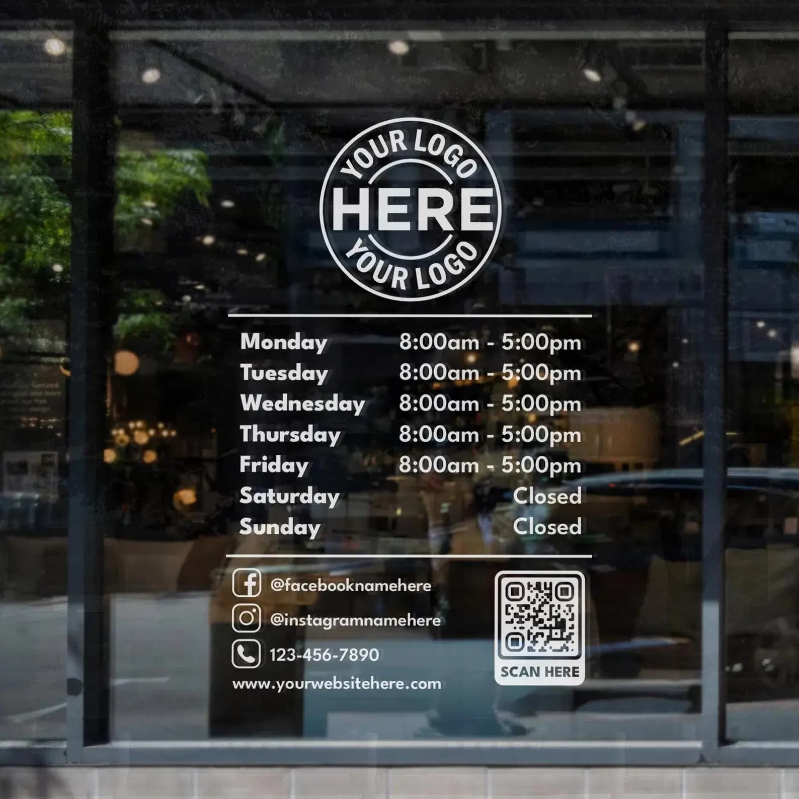 Custom Store Hours Decal: Business Window Sign with Logo & QR Code E620