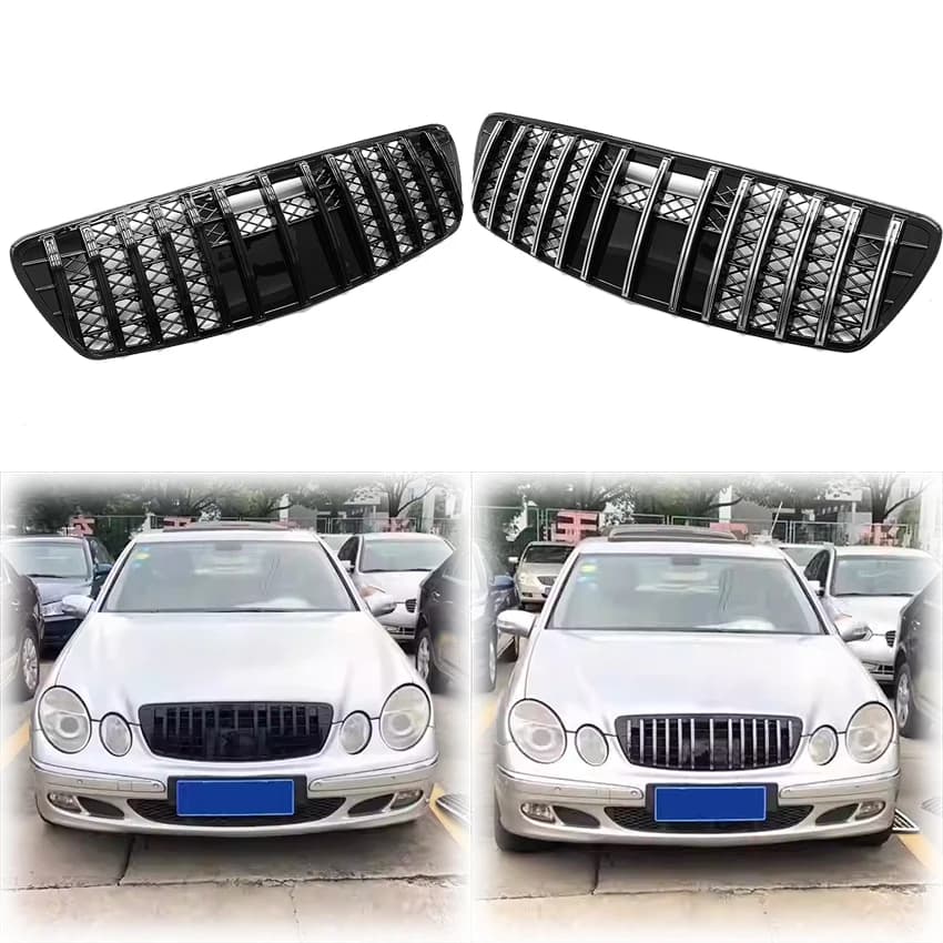2003 2004 2005 For Mercedes Benz E W211 E320 E350 E500 E63 GT Style Upper Grille Racing Grills By Gloss Black & Slivery Grid