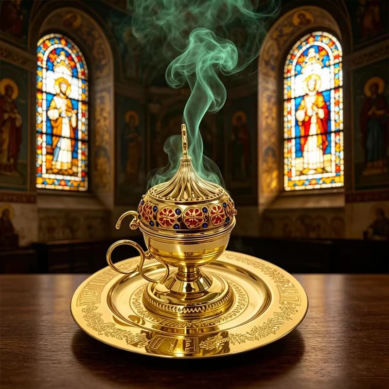 Byzantine Gold Plated Orthodox Handheld Incense Burner with Enamel for Church Liturgy Home Altar Prayer Christian Religious Gift