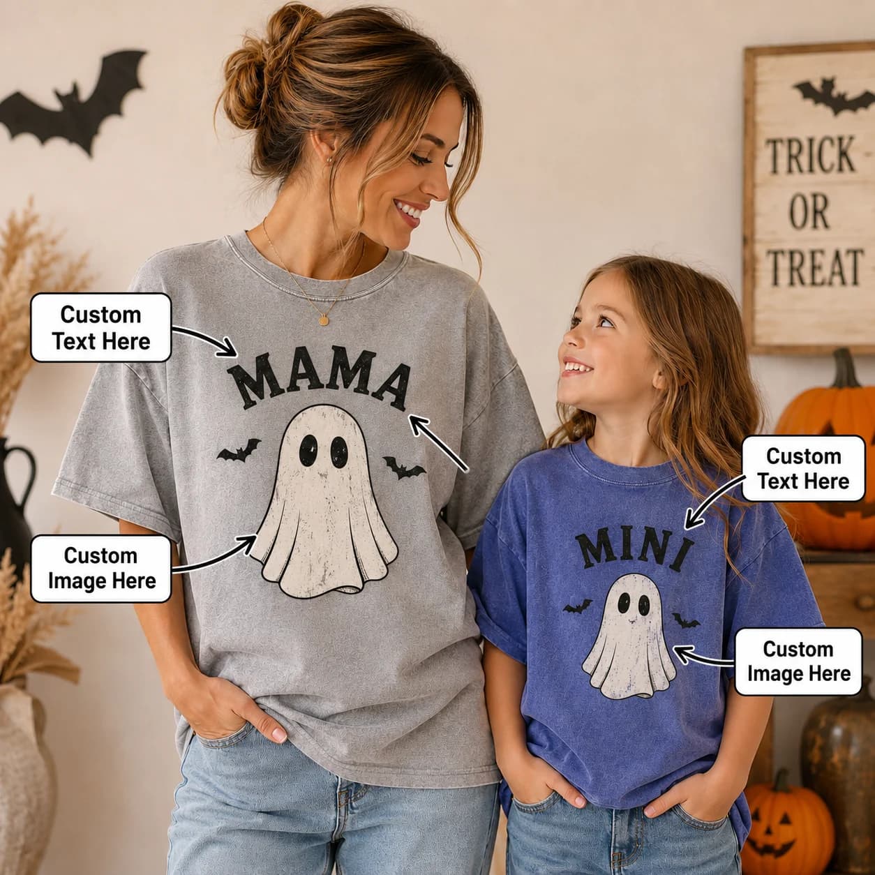 Custom Parent Child Halloween Shirts Personalized Names Matching Vintage Pure Cotton Casual Tee Family Party Mom Kids Gift Set
