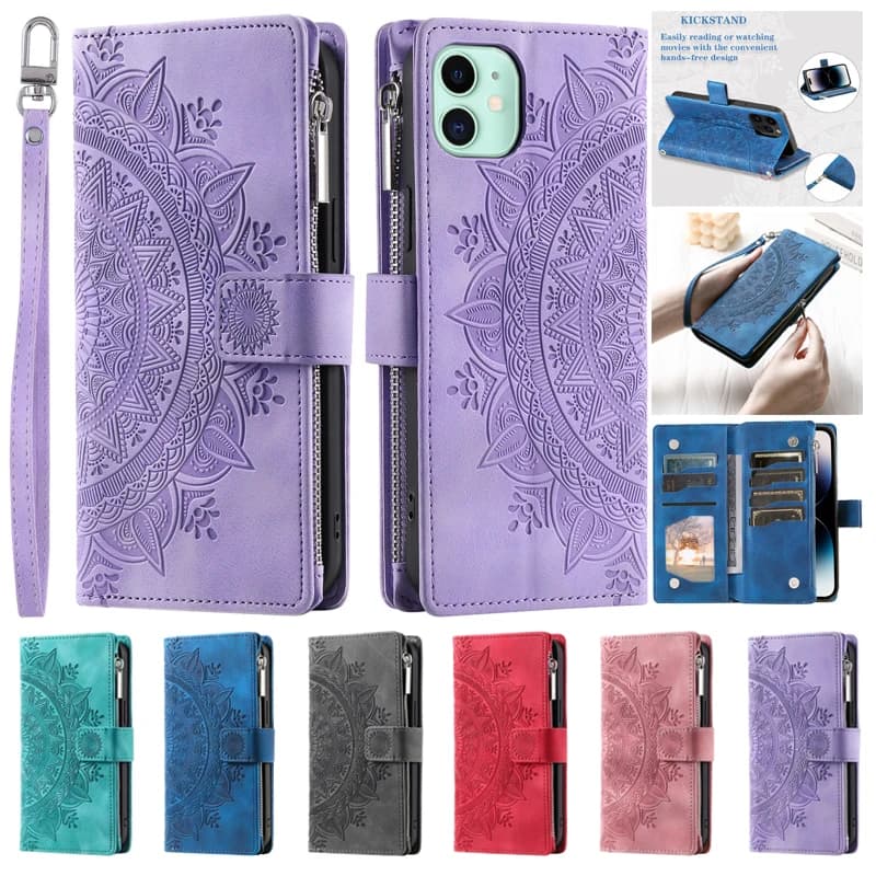 Totems Zipper Card Case on for OnePlus 12 11R 10R OnePlus10Pro 9 7T 8 Pro 8T 6T 7Pro Magnetic Leather Wallet Protect Case Shell