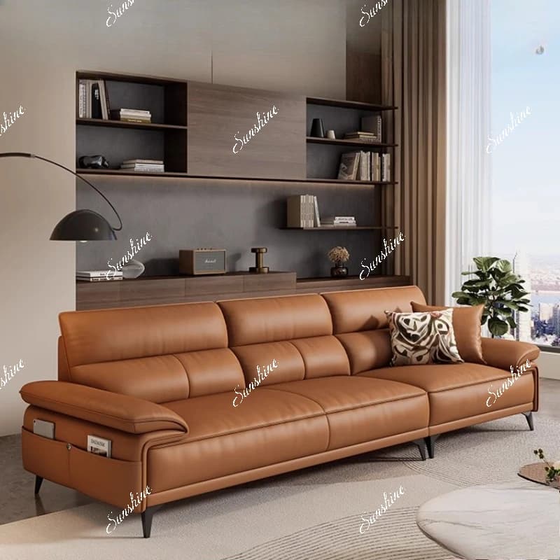 Leather sofa, Italian minimalist living room retro, straight row small apartment storage