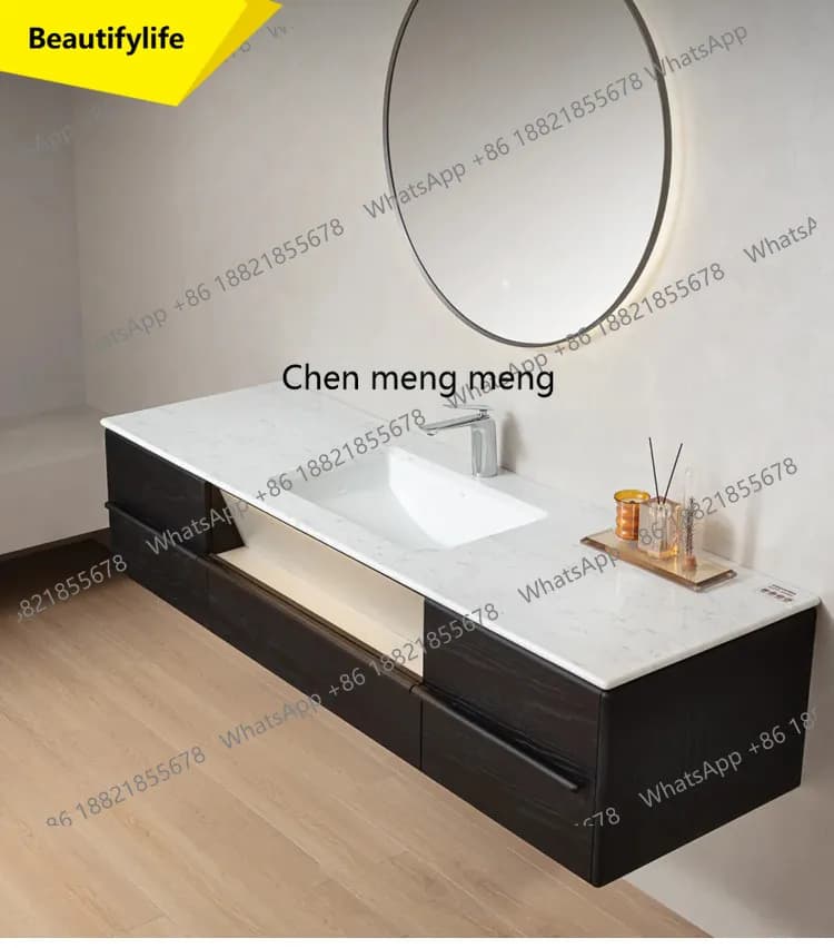 a17 Modern simple bathroom cabinet combination solid wood paint marble countertop seamless ceramic basin washstand