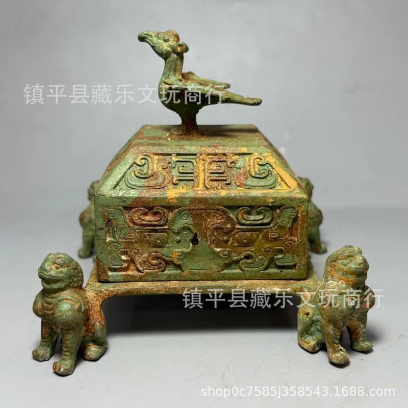Antique collection: Green-gilt Bronze Ware from the Warring States Period, vintage style, with phoenix, bird, tiger, and beast m