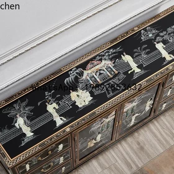 O15-  Lacquer Solid Wood Shell Six-Drawer Two-Door Cabinet Sideboard Mother-of-Pearl Craft Ming-Qing Classical Painted Furniture