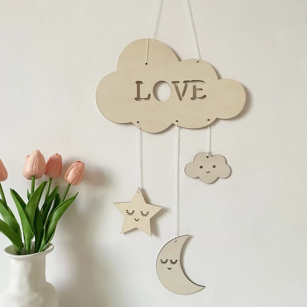 Spot Kindergarten Clouds Moon Stars Home Decoration Creative Children Chapter Eyelashes Wooden Handicrafts Wind Chimes Pendant