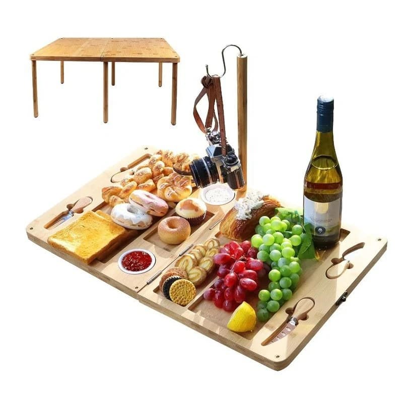Bamboo Cheese Cutting Board with Table Legs Foldable Portable Set