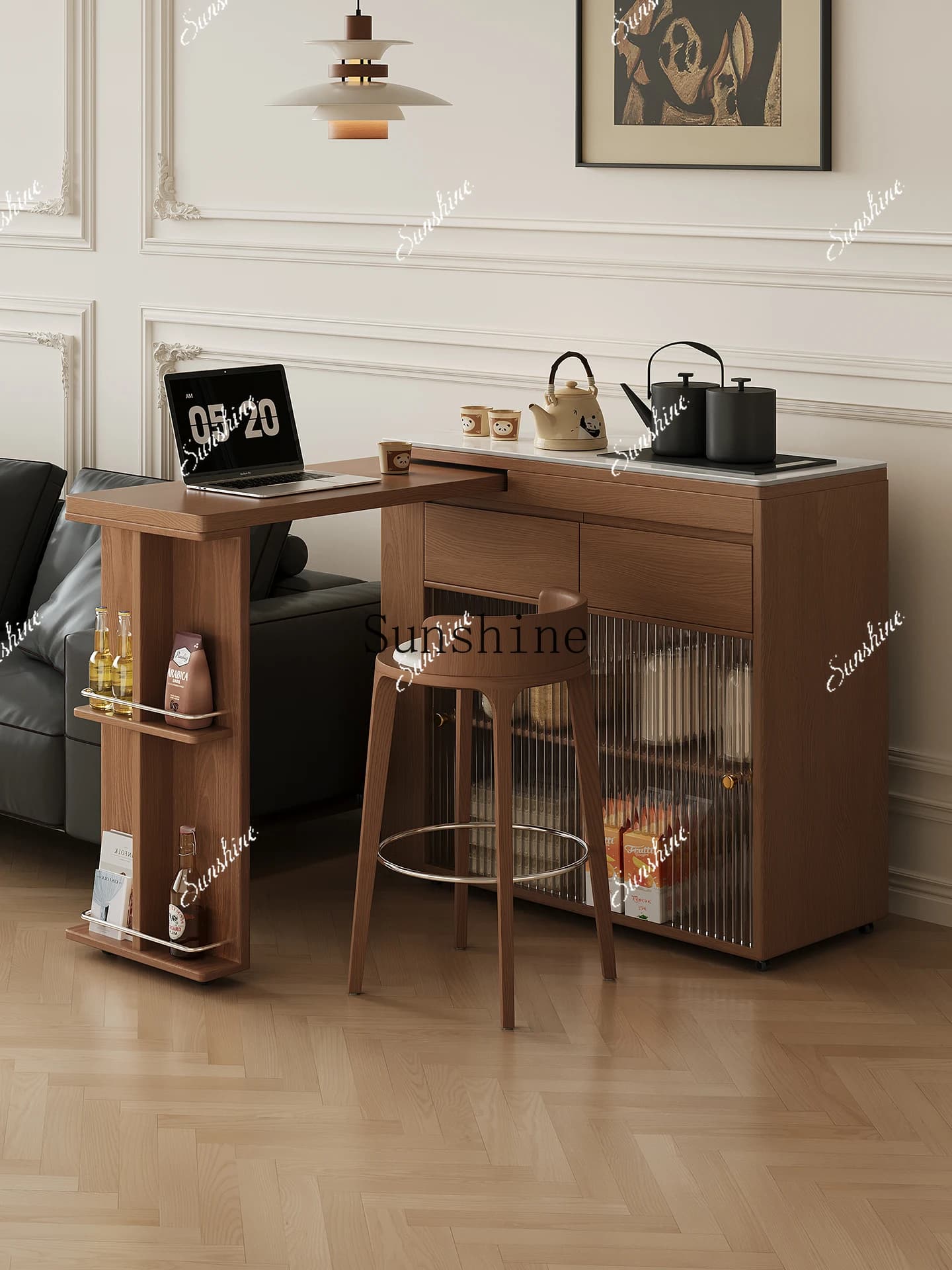 Solid wood bar table, living room partition cabinet, retractable household small apartment balcony mobile teaP