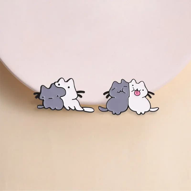 Cute Cartoon Gray White Cat Snuggling Metal Brooch Unisex Casual Gift Badge Pin DIY Clothing Bags Hat T-shirt Jeans Accessories