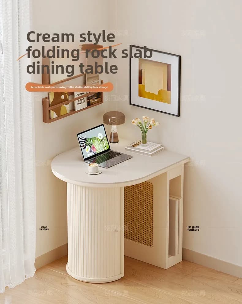 YFY folding rock slab dining table cream wind small  does not take up space family  solid wood semi-round dining table high