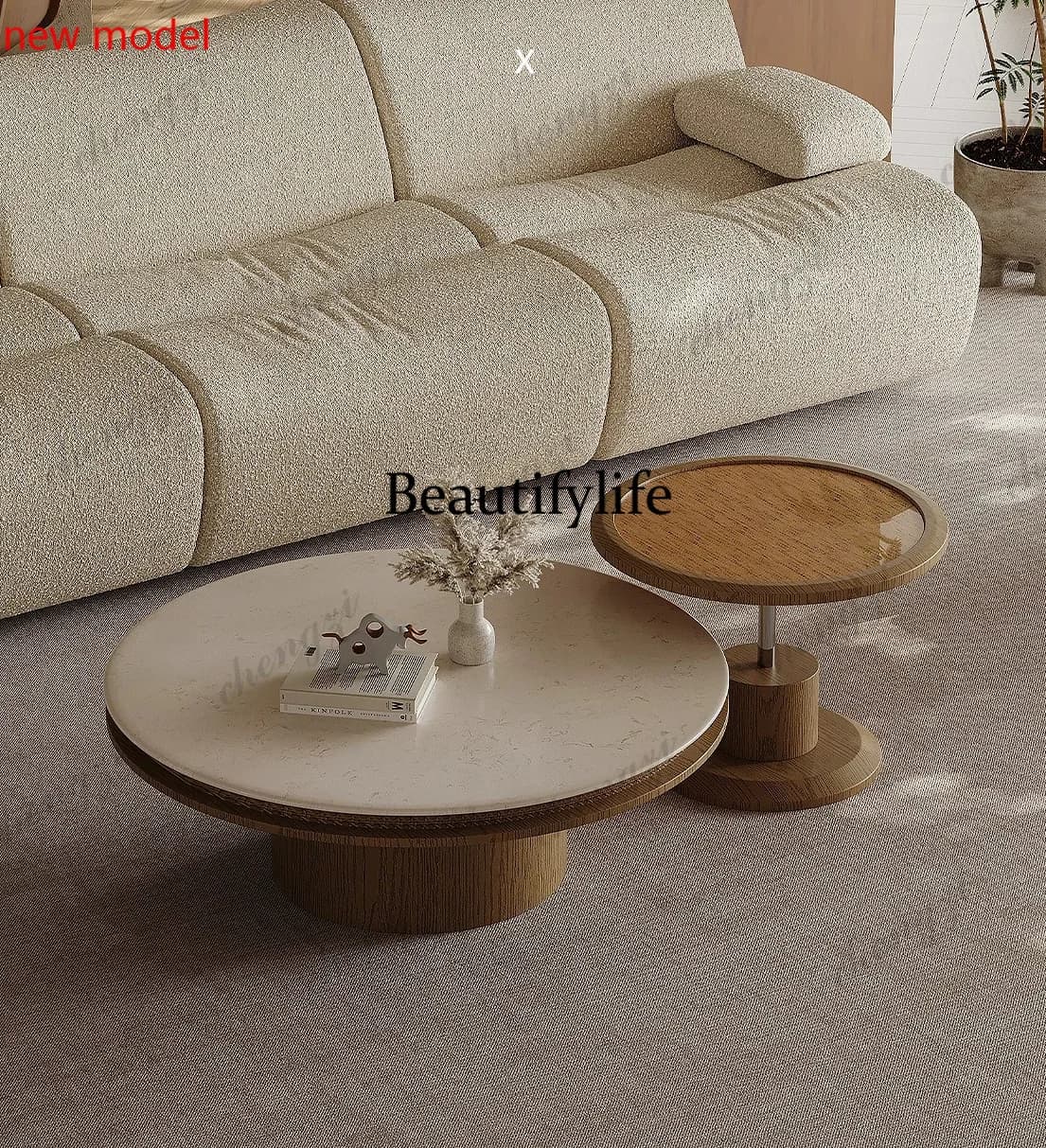 Medieval marble coffee table combination round living room household small apartment, glass retro, newN138