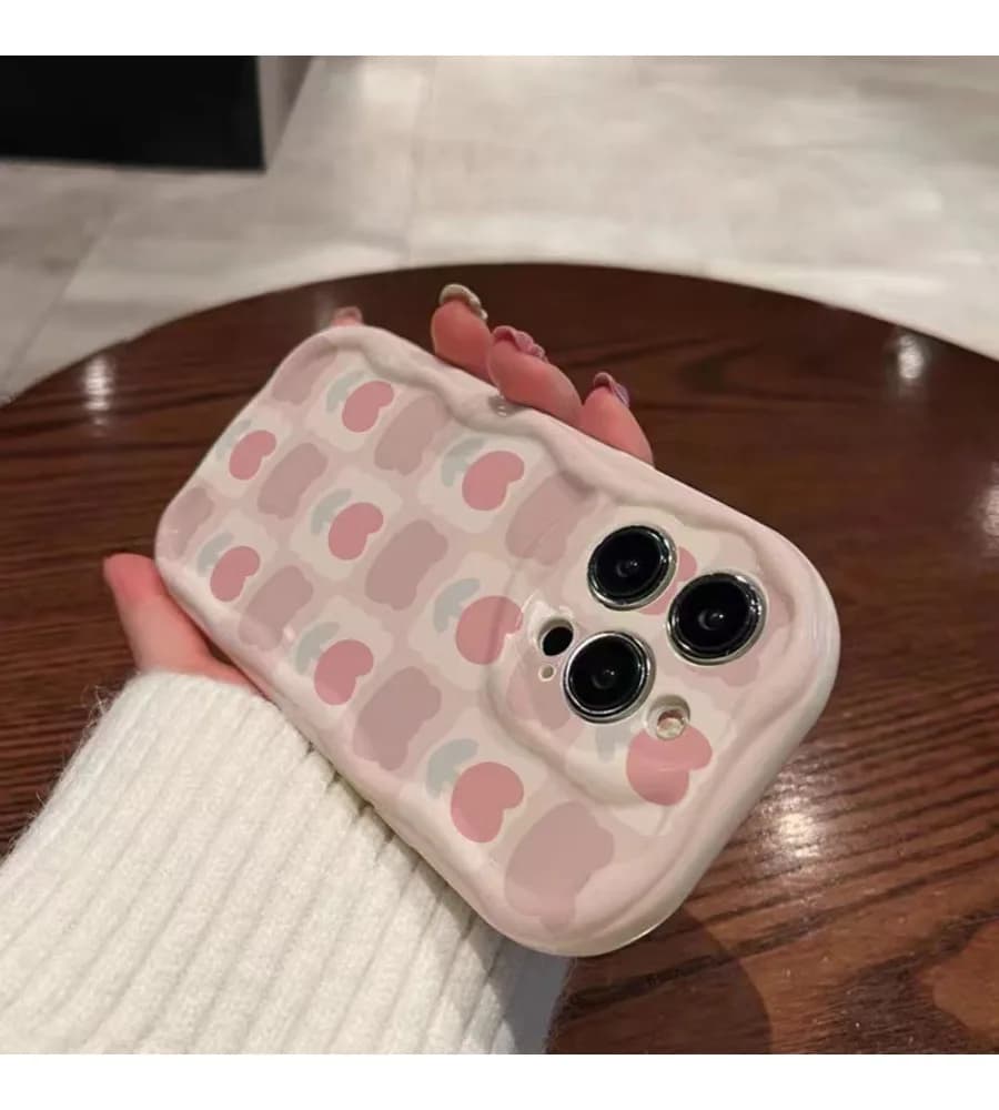 Pink Grid Bear Tulip Wavy Edge Silicone Phone Case For iPhone 13 14 15 16 17 Pro Max Soft Protective Cover