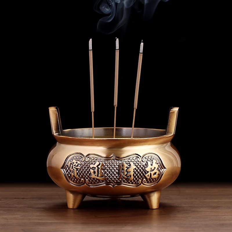 HT  Pure Brass Alloy Household God of Wealth Offering Incense Burner for Worship Hall Sandalwood Incense Burner