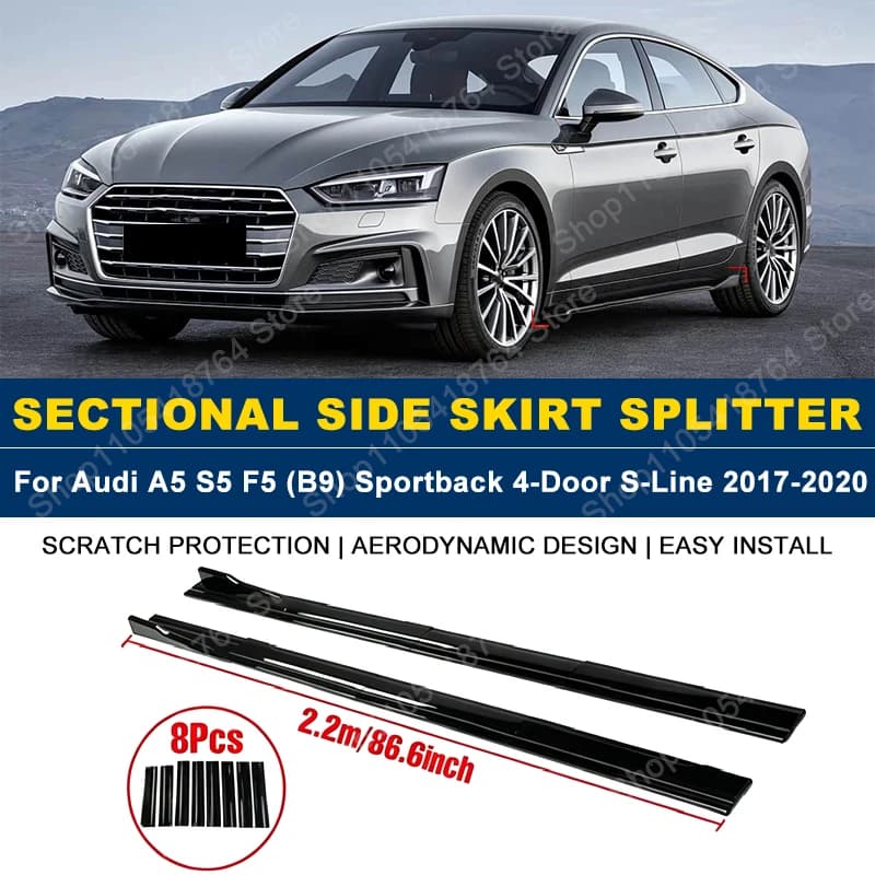 2.2M/86.6" Side Skirts Extension Rocker Panel Splitter For Audi A5 S5 F5 (B9) Sportback 4-Door S-Line 2017-2020 ABS Plastic